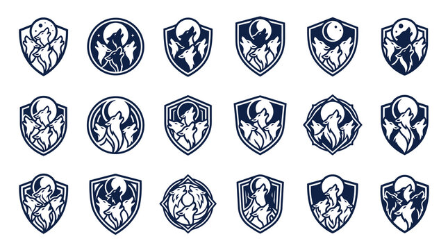 Blue wolf and moon silhouette crest collection.