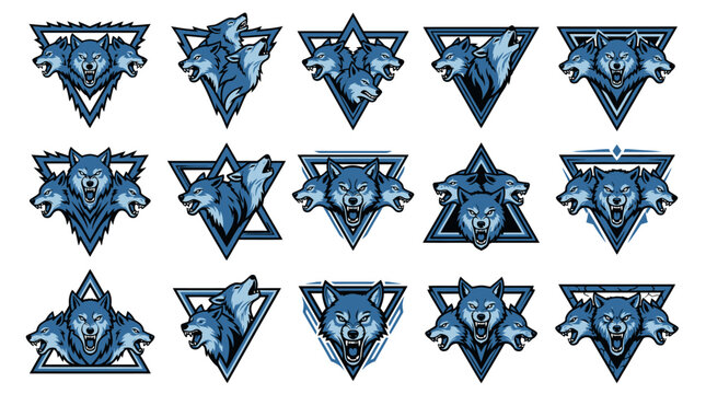 Blue wolf head logos in triangular geometric frames.