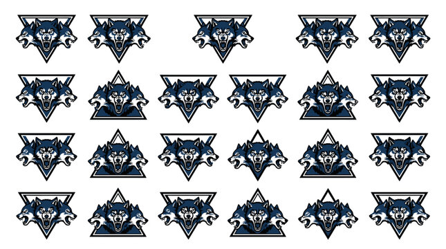 Blue wolf mascot head badges and icons.
