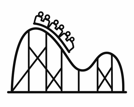 Black line art roller coaster icon for amusement park designs. Suitable for flyers, banners, posters, and social media graphics.