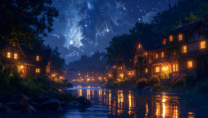 Fototapeta premium A magical riverside fantasy village glows beneath a full moon with shooting stars, warm lights, and shimmering reflections, creating a peaceful and enchanting night landscape.