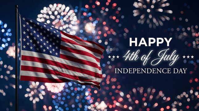 American flag waving with Happy 4th of July text, Independence Day celebration with fireworks background, patriotic United States holiday banner