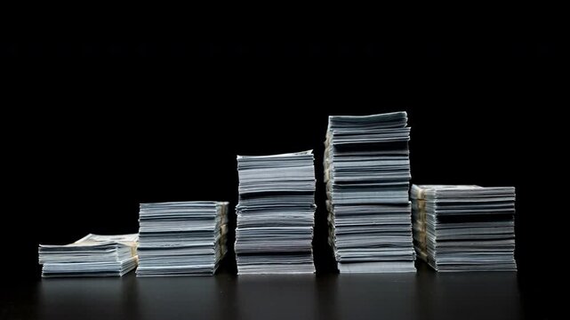 Timelapse of stacks of banknotes stacked into money growth graph and wad of cash disappearing into money loss graph on black background