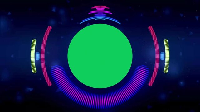 Abstract futuristic neon circular equalizer with green screen and glowing particles on a dark blue background