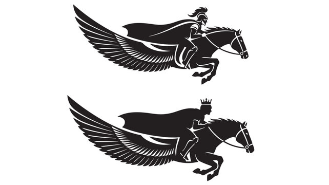 Horse Knight Wings Silhouette Icon Design with Crown and Sword, Black Emblem Style on White Background