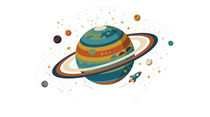 Colorful planet, ring system, cartoon astronomy, educational illustration, vector graphics isolated on White Background © MD