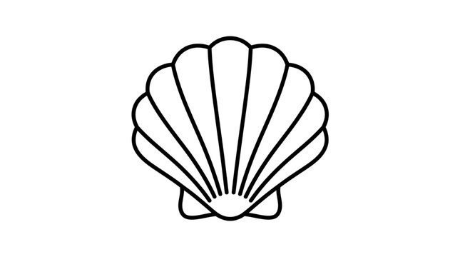 Scallop shell, seashell icon, ocean symbol, black line art isolated on White Background