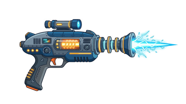 Futuristic Blaster Gun, Sci-Fi Laser Pistol, Cartoon Game Weapon, Blue Orange Details isolated on White Background