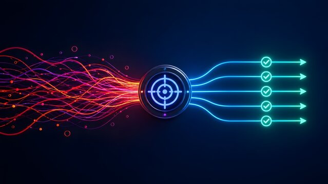 Data workflow optimization concept showing chaotic glowing wires transforming through target node into aligned task checkmarks
