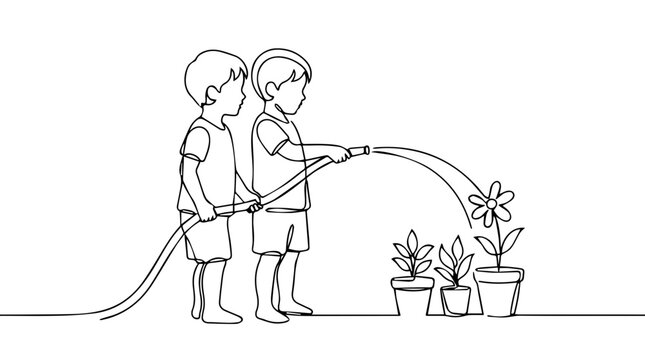 Children watering plants with garden hose. Continuous line drawing vector. Minimalist boys gardening graphic on white background