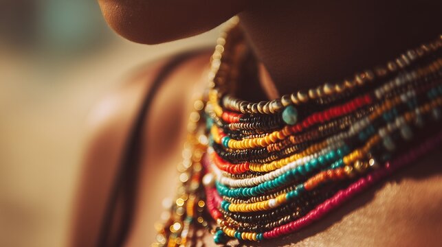 Macro of colorful African bead necklaces against sunlit skin, rich texture