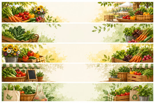 Set of Horizontal Banners with Fresh Vegetables and Farmers Market Elements