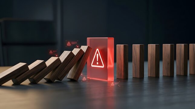 Cybersecurity risk management and crisis prevention showing glowing red alert barrier stopping falling dominoes