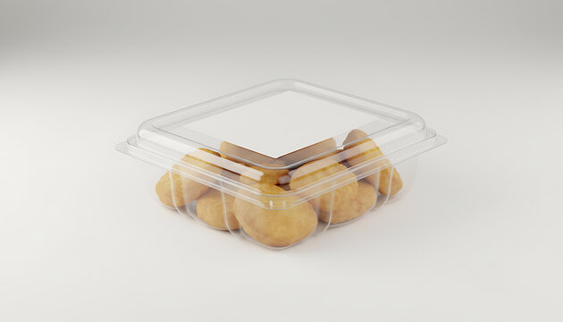 Small golden pastries in clear plastic container with blank label for branding