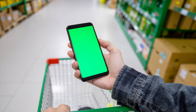 Customer checking shopping list on smartphone in supermarket