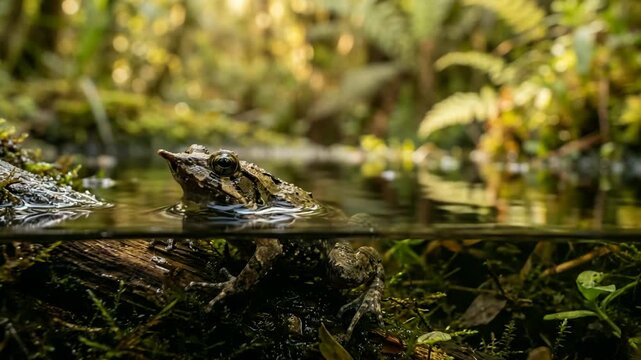 darwin's frog in patagonia chile forest half underwater morning sunlight close up video