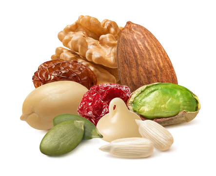 Walnut, almond, pistachio, cranberry, raisin, peanut, seeds and white chocolate drop isolated on white background