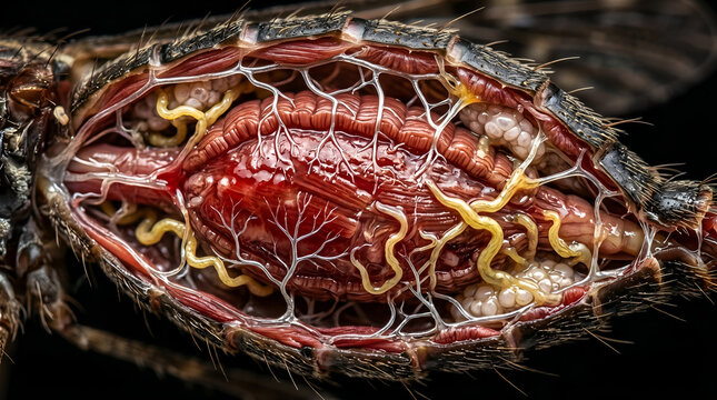 Anatomical cross section of mosquitos abdomen showing internal organs and reproductive system in scientific illustration