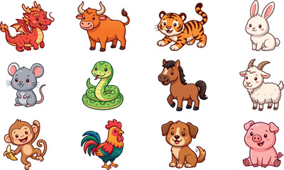 Fototapeta premium Cartoon animals including dragon, bull, tiger, rabbit, mouse, snake, horse, goat, monkey, rooster, dog, and pig