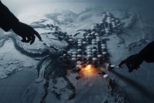 Geopolitical strategy board game with Go stones on 3D topographic East Asia relief map for trade, tech, finance, alliances