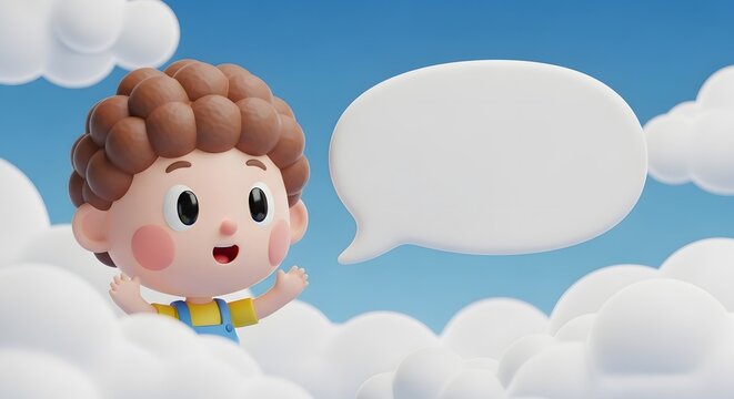 Joyful child in clouds with blank speech bubble. Thinking, creative ideas, and communication concepts. Happy cartoon character expressing excitement in a bright sky