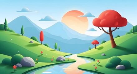 Obraz premium Rolling green hills with vibrant red tree. Nature landscape and serene mountain scenery. A small river winding through peaceful grassy fields at sunset