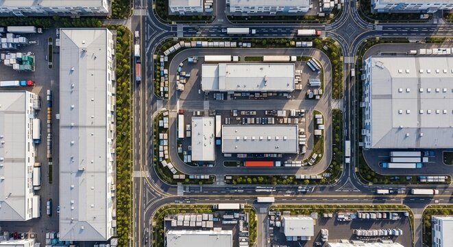 Vast industrial complex with extensive logistics and distribution networks seen from aerial view