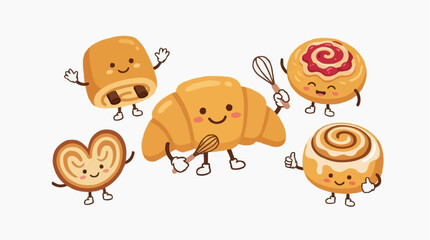 Obraz premium Cute Kawaii Pastries Characters Waving and Giving Thumbs Up Isolated on white background