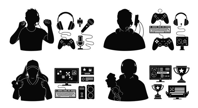 Gaming Setup And Gamer Silhouettes Black And White Silhouette