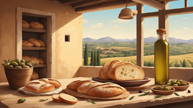 Italian countryside bakery concept with bread and olive oil