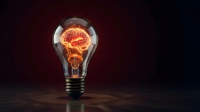 Luminous energetic brain floating inside a classic glass lightbulb