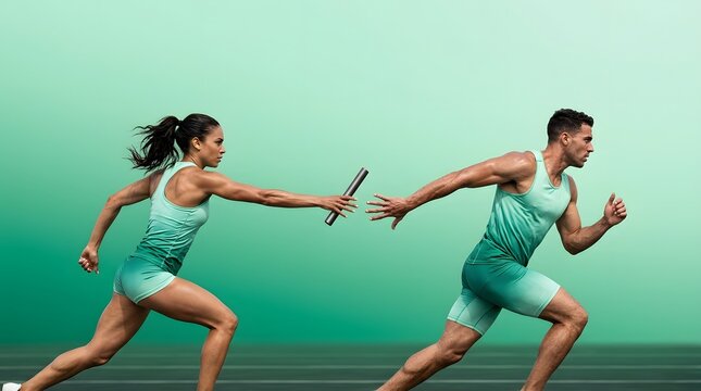 Female athletes running and passing the baton during a relay race