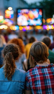 Fans watching glowing outdoor screen at night in city