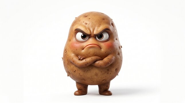 Grumpy potato character with angry expression, funny vegetable mascot with crossed arms, brown potato personification on white background