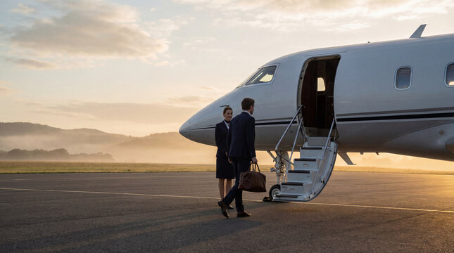 Business traveler boards private jet at sunrise while flight attendant waits beside stairs on quiet runway for luxury travel corporate aviation concept executive journey premium service scene