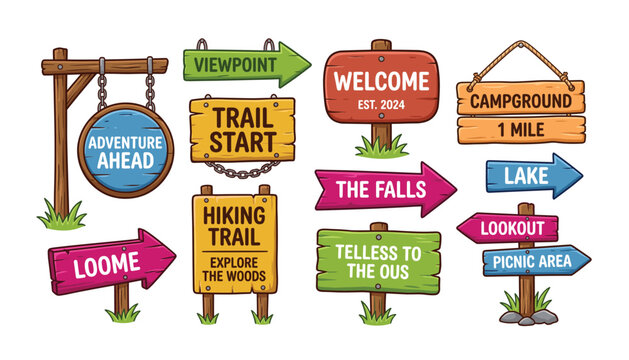 Wooden signboard and directional arrow vector element set. Featuring cartoon camping signs, hiking trail boards, and wooden plates isolated on transparent background.
