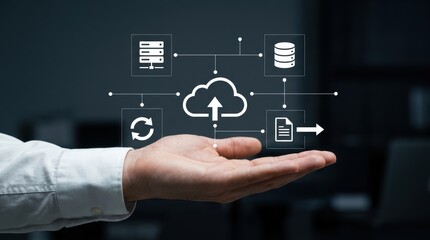 Businessman presenting cloud storage icons and digital network infrastructure over an open hand, data management, information Technology modern technology business concept © Illustration
