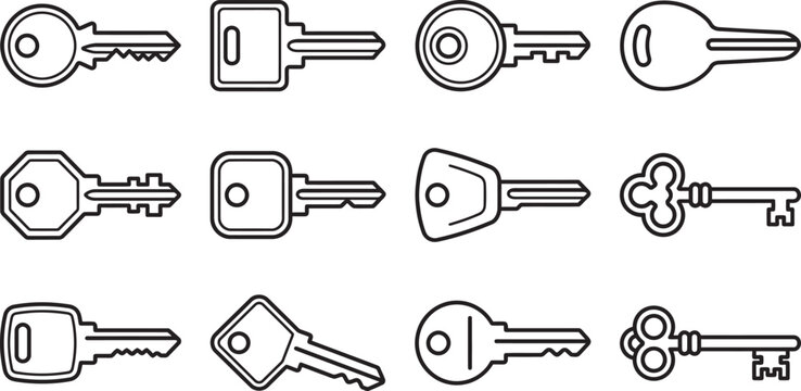 House and Antique Keys Line Art Icons Set Collection Vector Illustration