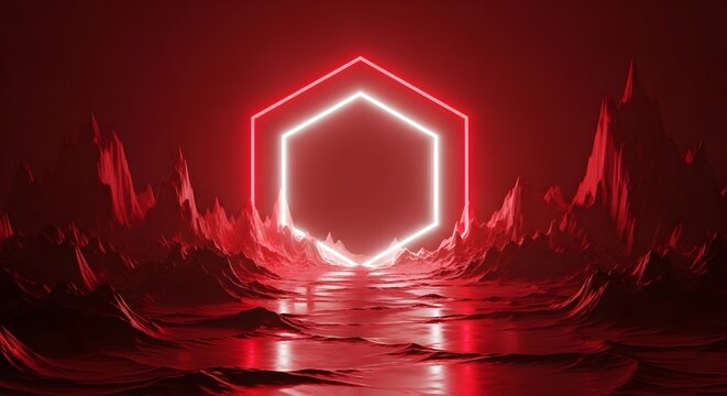 Futuristic red alien landscape with glowing portal. Sci-fi atmosphere and mystery. A hexagonal neon gateway standing in a rocky terrain with reflective ground