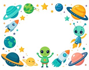 Fototapeta premium Friendly aliens celebrating space exploration in vibrant cosmic illustration
