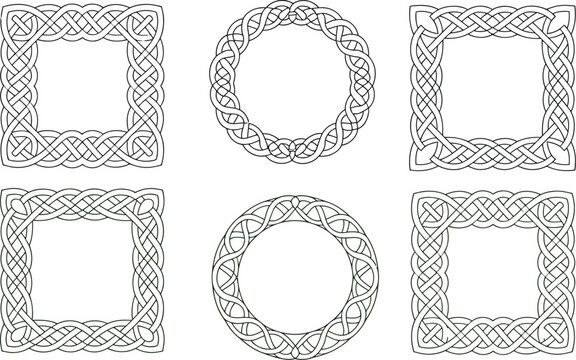Celtic knot frames collection with traditional Irish braided patterns in square and round shapes vector borders for certificate design elements.