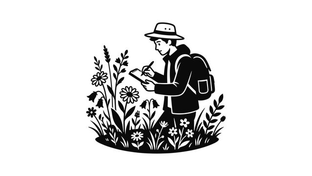 Botanist Researcher Studying Wildflowers in Meadow