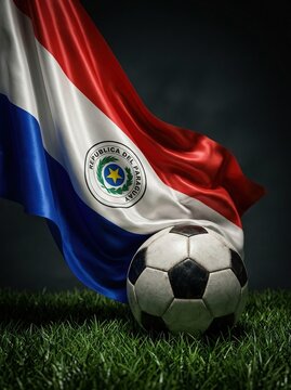 Waving Paraguayan flag with soccer ball on grass