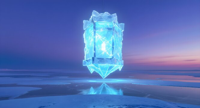 Bright blue crystalline prism hovering above a frozen lake at twilight, casting light and reflections. Futuristic fantasy energy artifact in a cold arctic landscape.