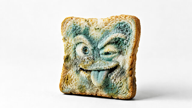 Slice of Bread with Mold that Forms a Teasing Face with Tongue Sticking Out and a  Mocking Smirk on White Studio Background