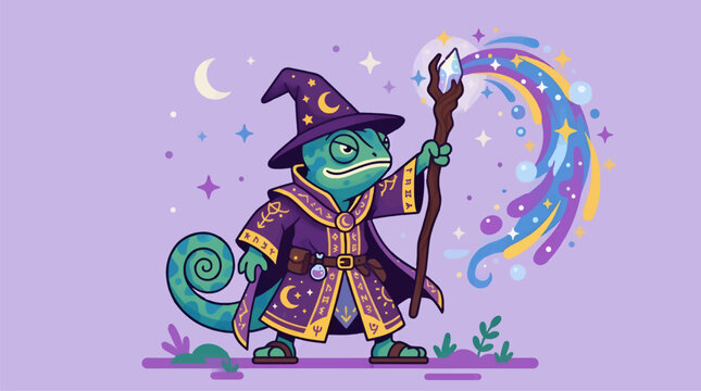 Anthropomorphic Chameleon Wizard Casting Spell with Crystal Staff and Magical Energy Burst, Flat Vector Illustration with Celestial Elements and Runes