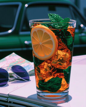 Iced Citrus Mint Drink in Glass with Lemon Slice and Sunglasses