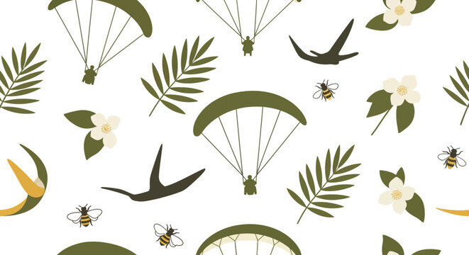 Colorful illustration of parachutes leaves and birds in nature theme.