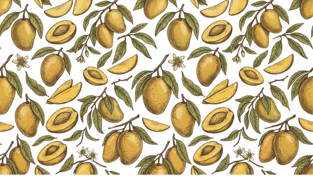 Vector mango hand drawn sketch. Vector seamless pattern. Vintage style