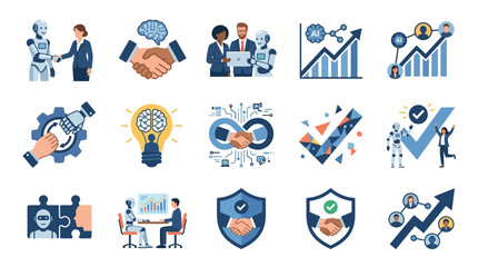 Fototapeta premium Artificial Intelligence and Human Collaboration Icons Set.